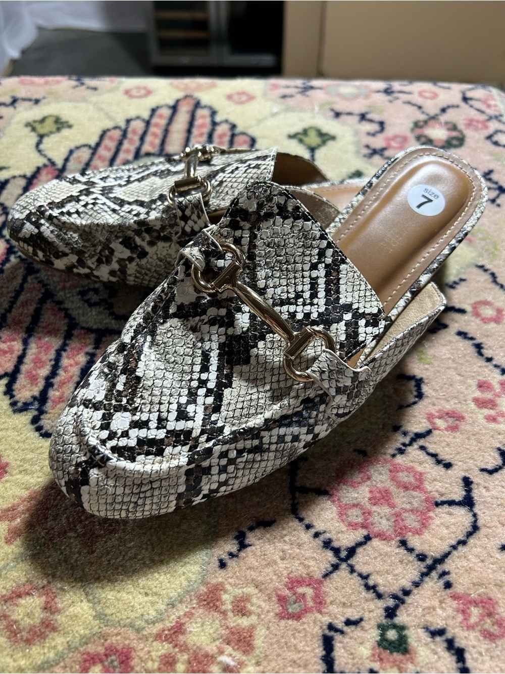 Snake-Print Backless Slip-On Mules with Gold Bit Detail - Black & Cream